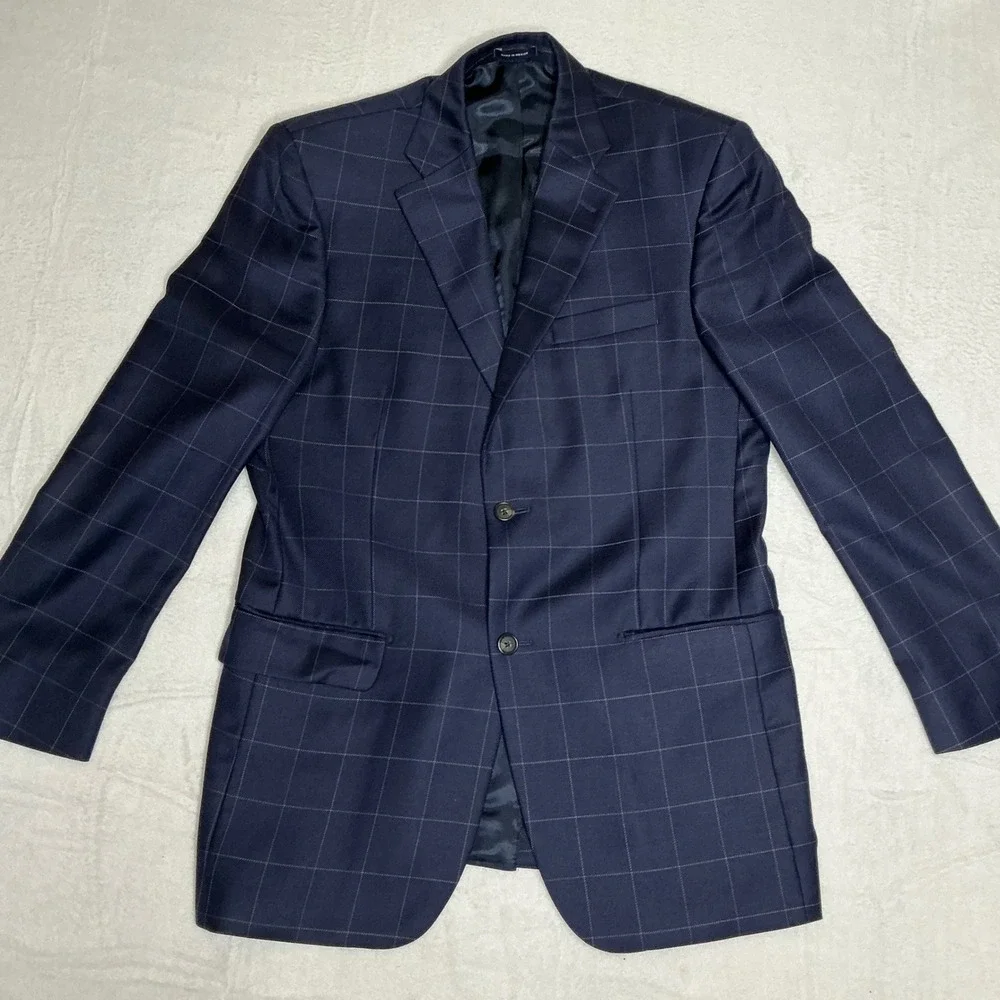 Paul Frederick Mens Navy Windowpane‎ Wool Blazer Sport Coat Size 38R